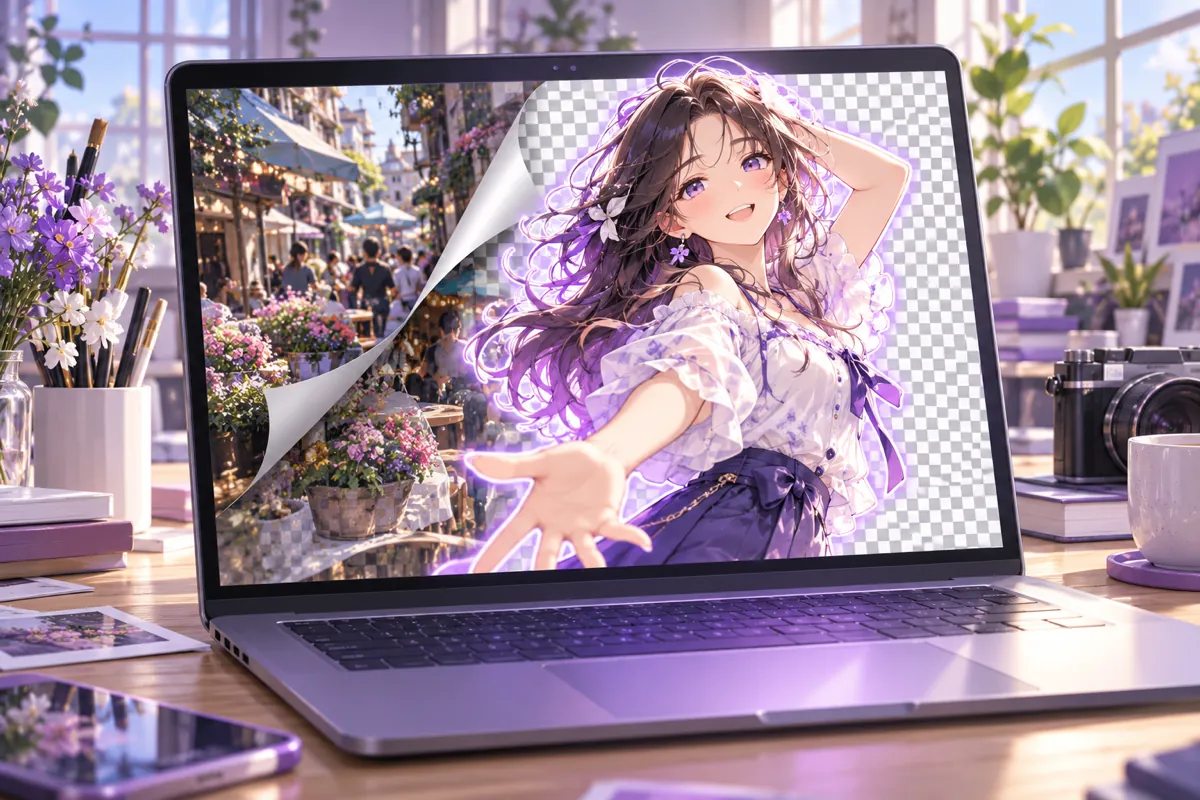 Illustration of an anime character cutout lifted out of a busy photo onto a transparent checkerboard canvas, representing the AI Background Remover