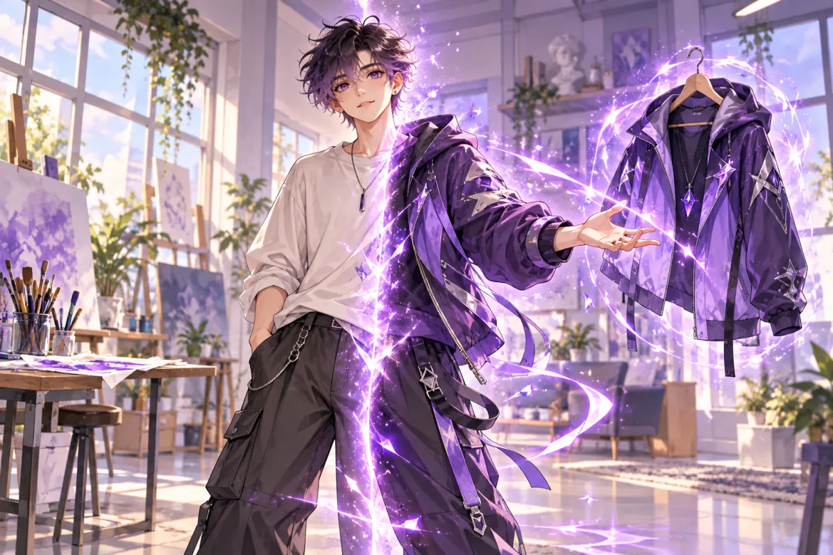 Illustration of an anime character whose outfit transforms into a new jacket with a violet sparkle transition, representing the AI clothes changer
