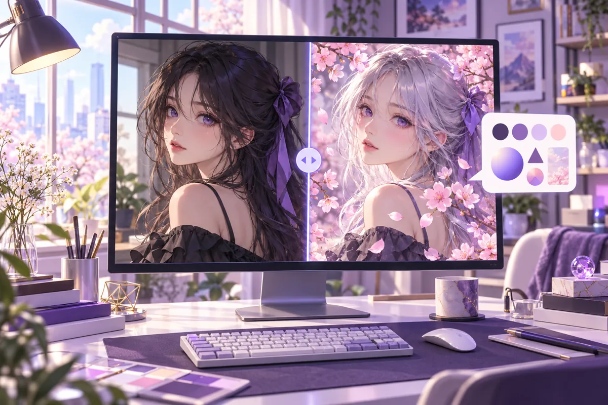 Illustration of an anime portrait on a monitor split into an original half and an edited half with a comparison slider, representing the AI image editor