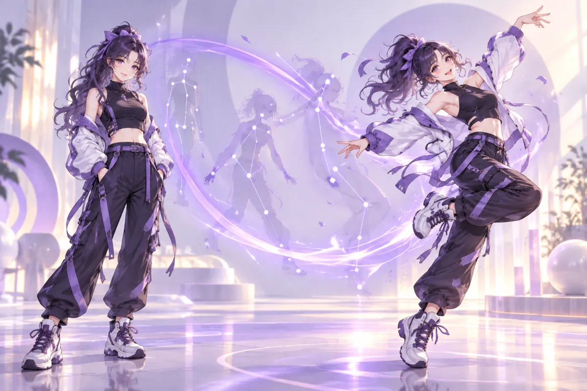 Illustration of an anime character in a relaxed standing pose and a dynamic dancing pose connected by a violet motion arc, representing the AI pose changer