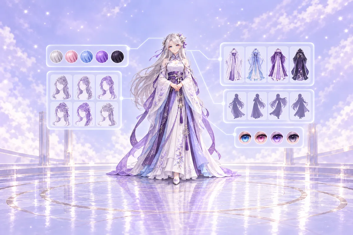 Illustration of an anime girl with long silver hair in a purple and white hanfu standing at the center, surrounded by floating option panels with hair colors, hairstyles, outfits, poses and eye colors, representing the Anime Character Maker