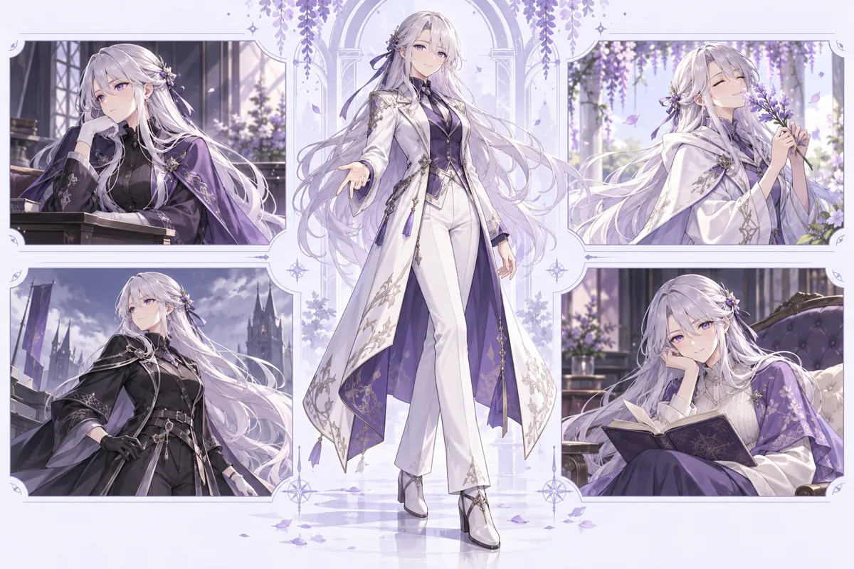 白と紫のコートを着た銀髪のオリジナルキャラクターを中央に、同じキャラクターのさまざまなポーズ・服装・表情を周囲に並べたイラスト。キャラクタークリエイターのライブラリを表しています