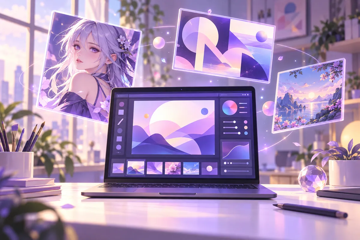 Illustration of a laptop on a studio desk with floating image frames and a stylus, representing GPT Image 2.5 text to image and reference editing