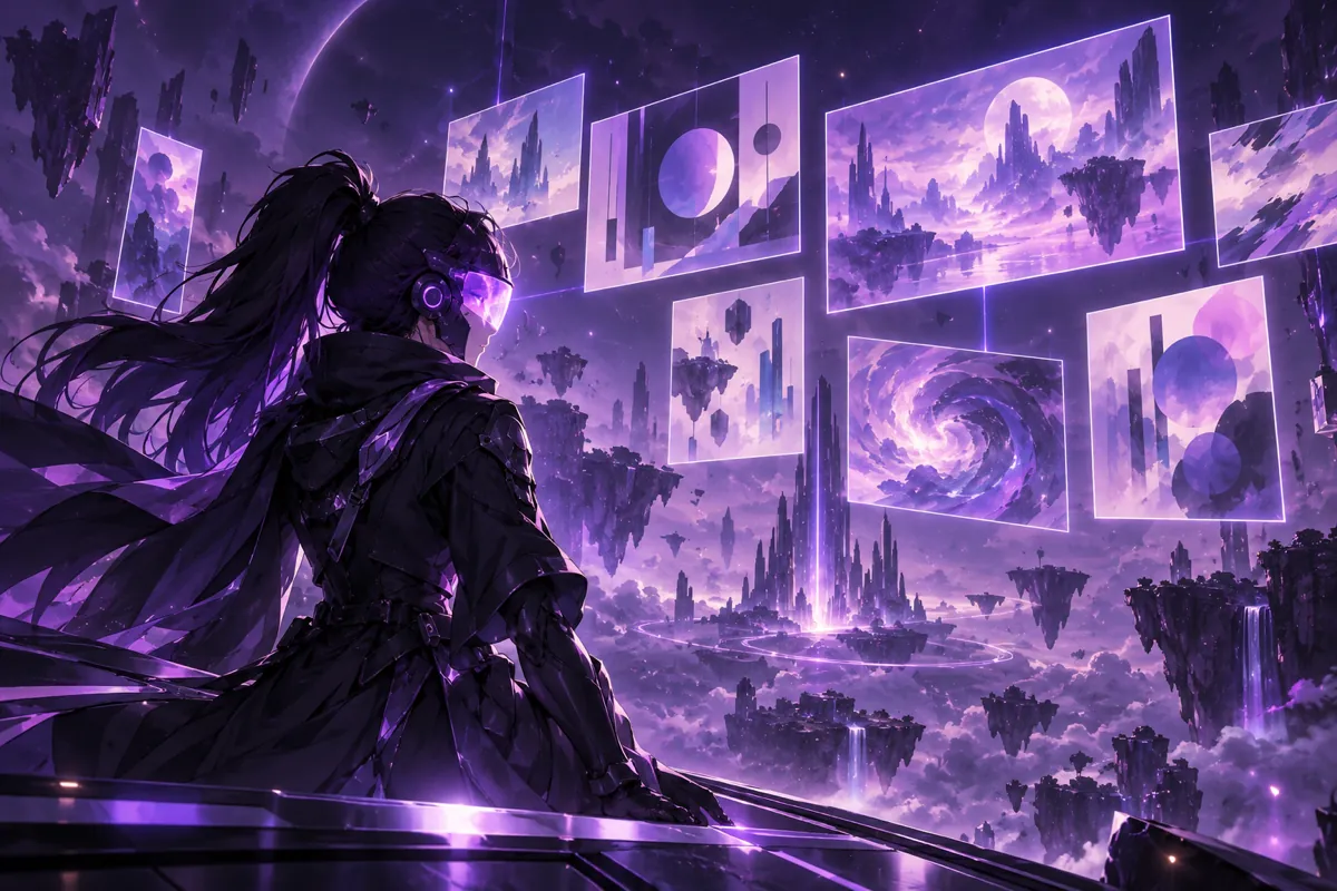 Illustration of a character silhouette with a glowing visor looking at floating holographic reference images in a violet space, representing Grok Imagine Image 2.0 reference editing