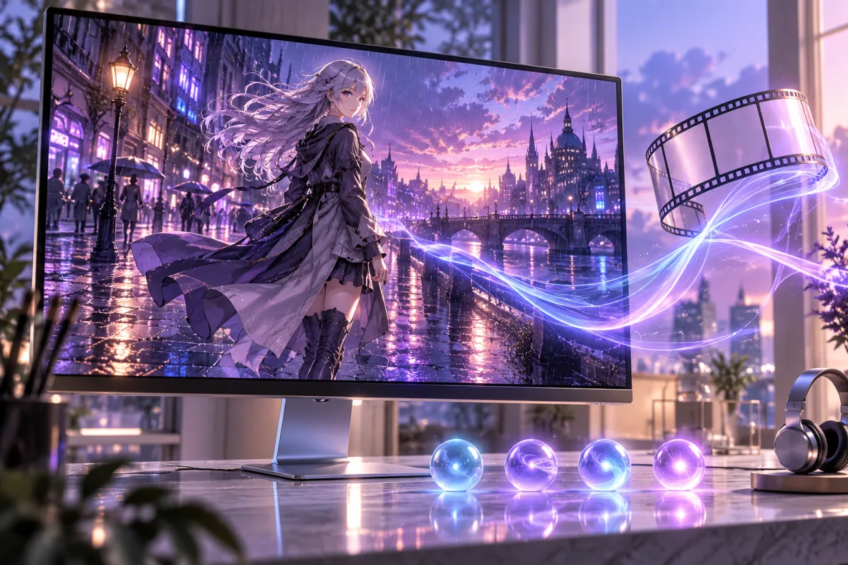 Illustration of an anime girl in a rainy neon street on a studio monitor with a floating film strip and glowing orbs, representing Kling 3.0 AI video generation