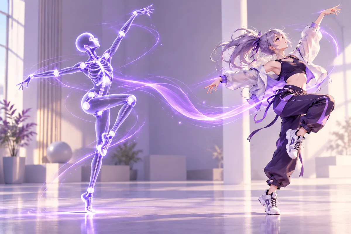Illustration of a glowing motion-capture skeleton dancing while an anime character copies the same pose, representing Kling Motion Control