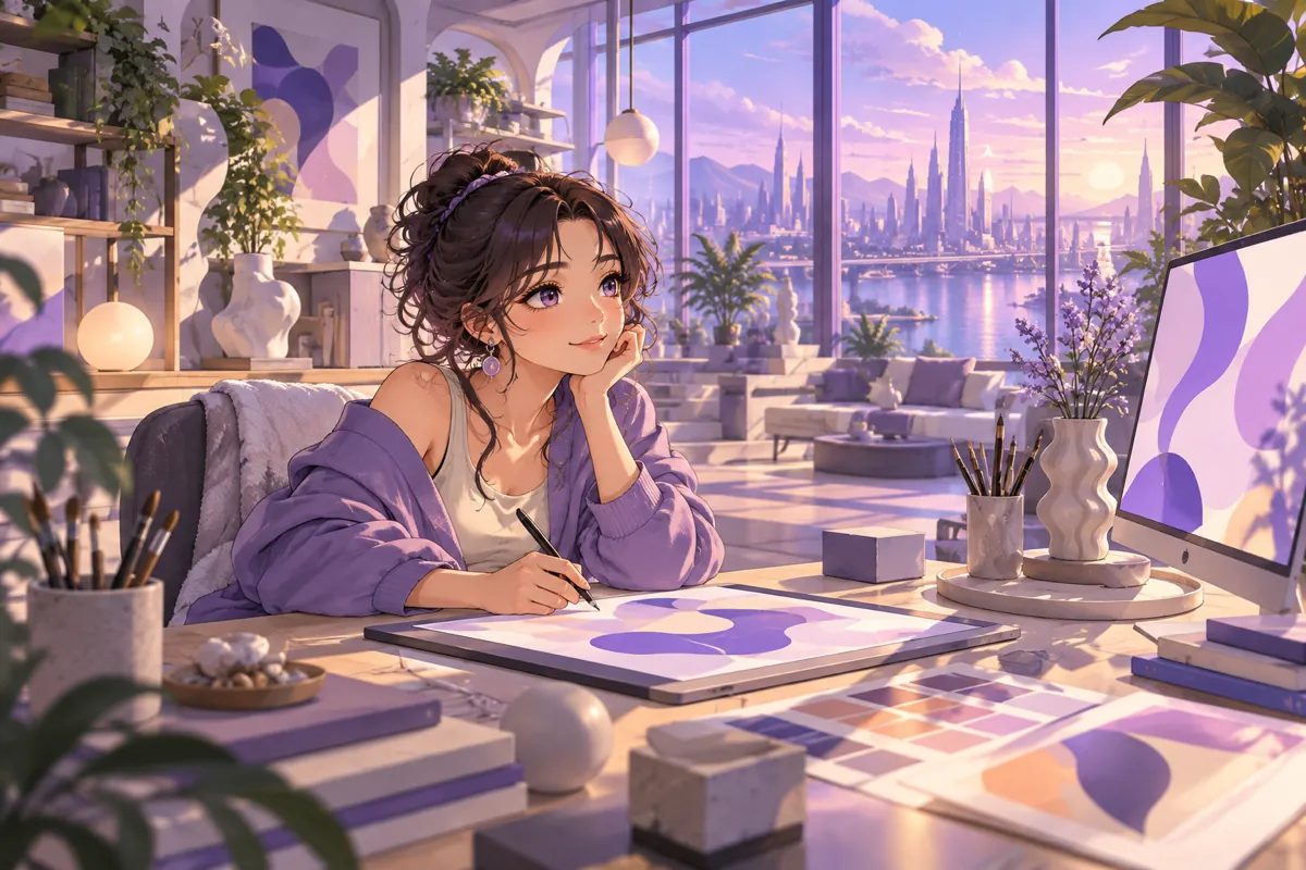 Illustration of a laptop on a desk surrounded by a grid of quick anime scene variations with light streaks, representing fast iteration with Nano Banana 2.1