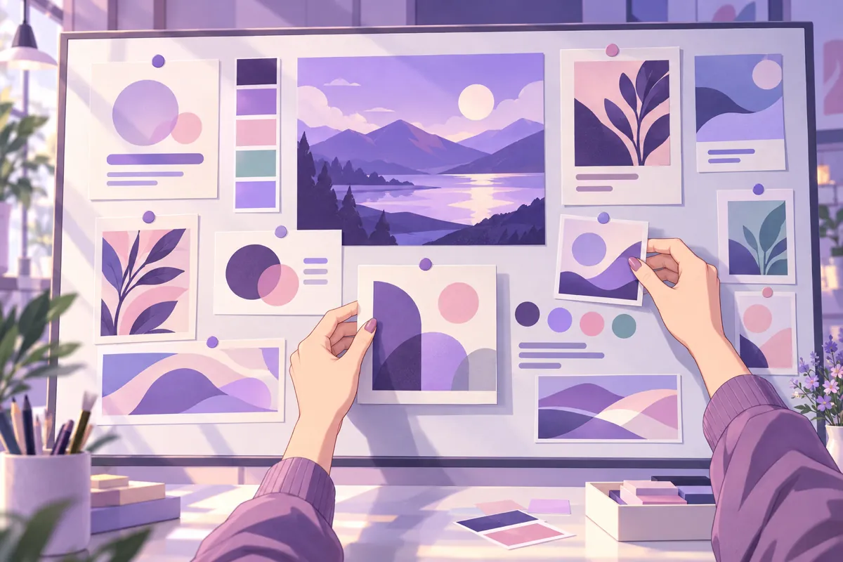Illustration of two hands pinning poster layouts, colour palettes and landscape artwork on a large board, representing Qwen Image 3 layout and poster design