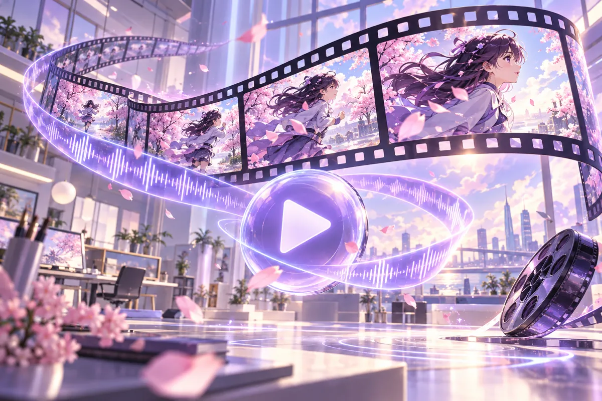 Illustration of a film strip unrolling in the air with anime character frames, a play button and an audio waveform ribbon, representing Seedance 2.5 video generation with sound